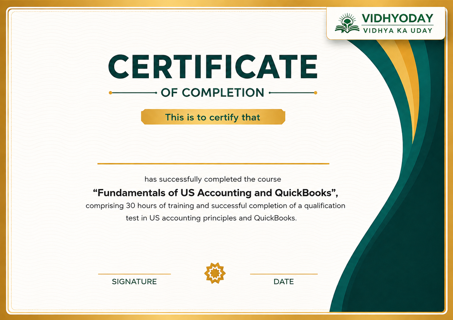 Draft Vidhyoday Global certificate of completion for US Accounting and QuickBooks